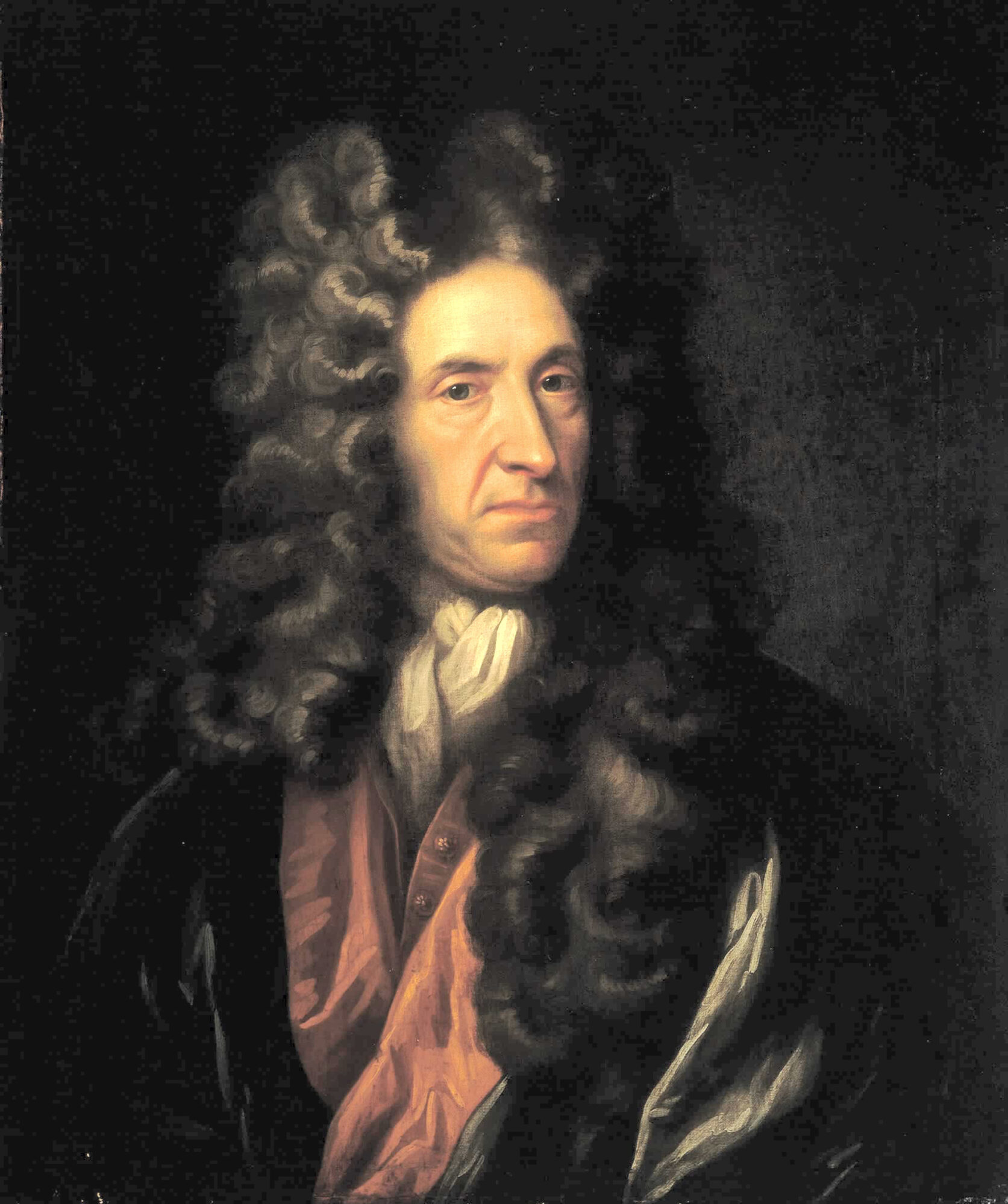 Robinson-Bibliothek. Porträt von Daniel Defoe. Öl auf Leinwand. Dunkler Hintergrund. Im Zentrum heller: Daniel Defoe mit langer Perücke, hellem Gesicht, weisser Krawatte, rotem Hemd und schwarzer Robe. National Maritime Museum, London.