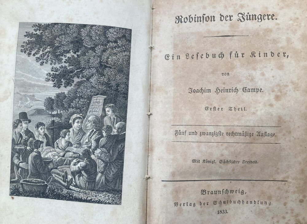 Robinson-Bibliothek. Frontispiz und Titelseite von Joachim Heinrich Campes Robinson der Jüngere.