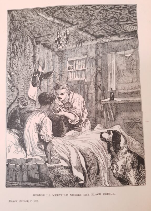 George de Merville pflegt den Schwarzen Crusoe Charlot in einer kleinen Hütte, daneben sitzt ein Hund und ein Affe.